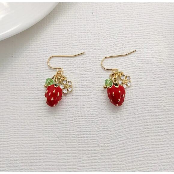 Sweet  Strawberry Fruit Alloy Stoving Varnish Glass Earrings & Necklace Set NWT - Picture 7 of 10